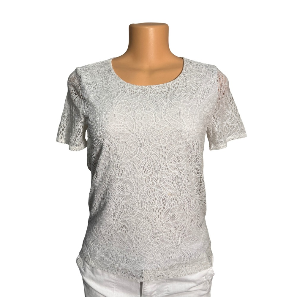 Liz Claiborne Lace Top Womens PS White Excellent Short Sleeve Career Blouse
